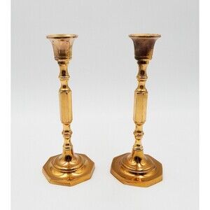 Vintage Brass Candlestick Pair 2 PC Set 7-1/2 Inch Taper Hong Kong Octagon Base